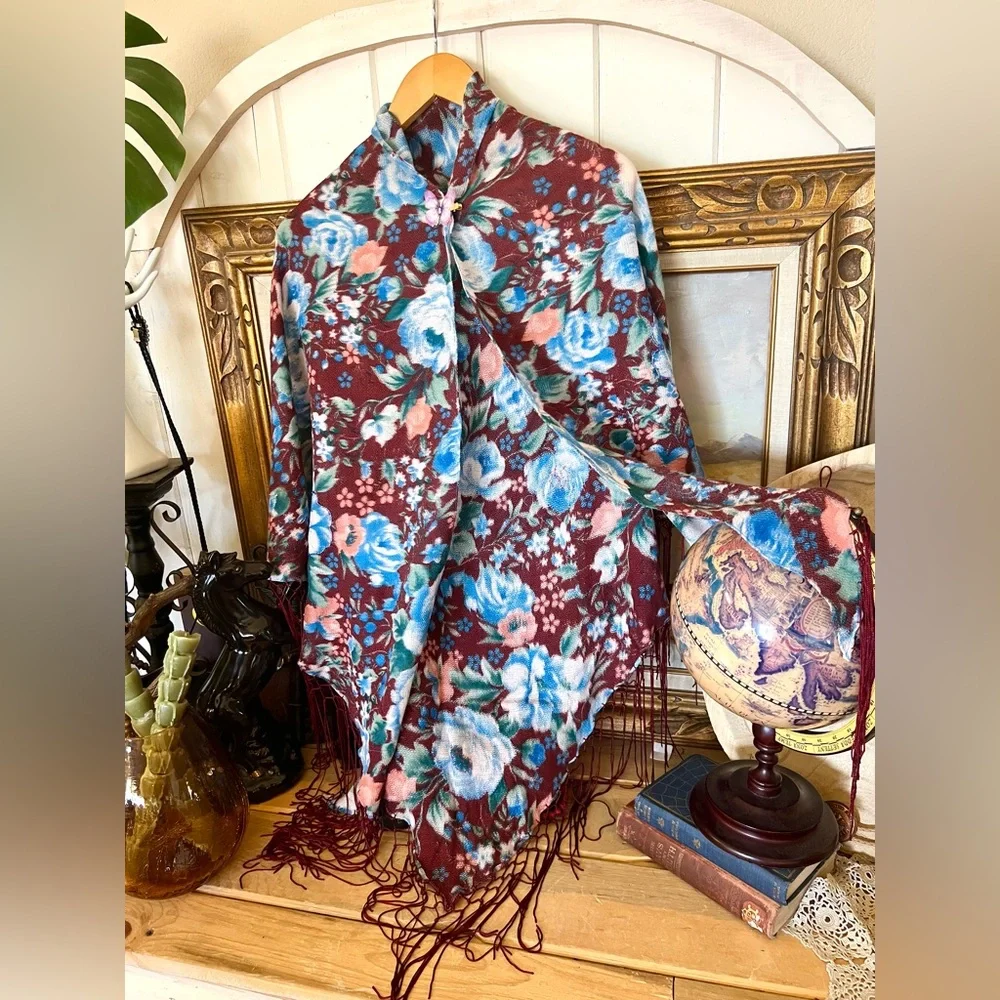 New! Aratta Silent Journey Plum And Navy Floral Beaded Wrap Shawl Butterfly Pin
